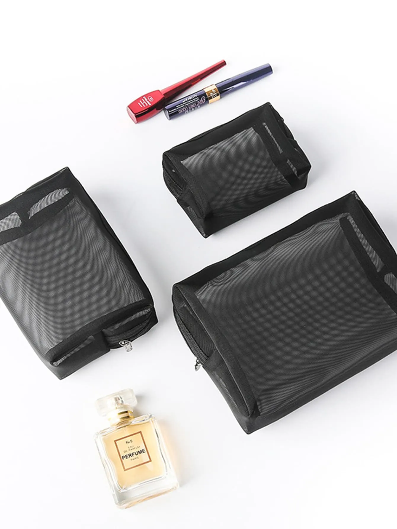 3pcs Set Mesh Toiletries Storage Bag. Make Up Organizer Bag For Travel