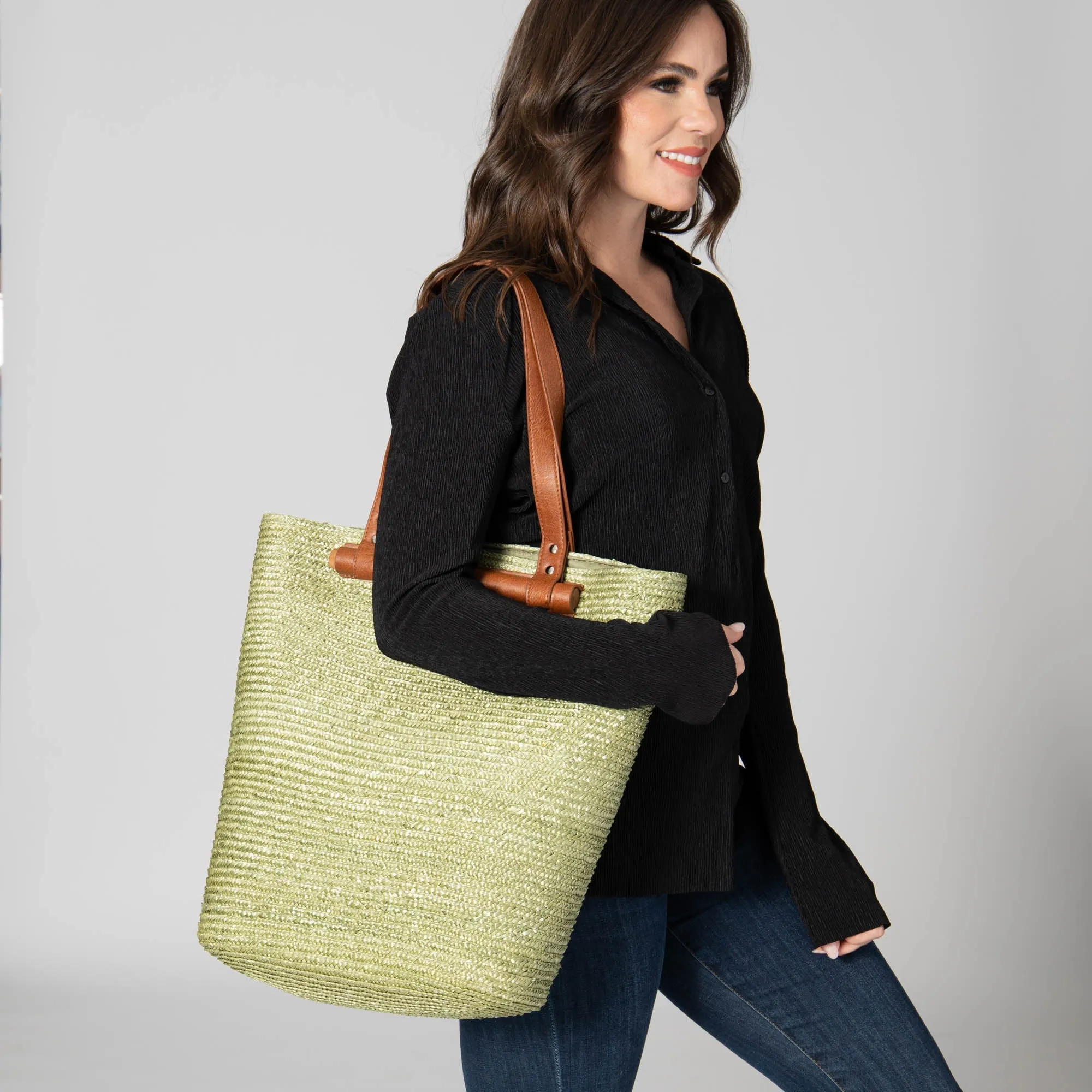 Daydreamer - Wheat Straw Tote with Leather Handles