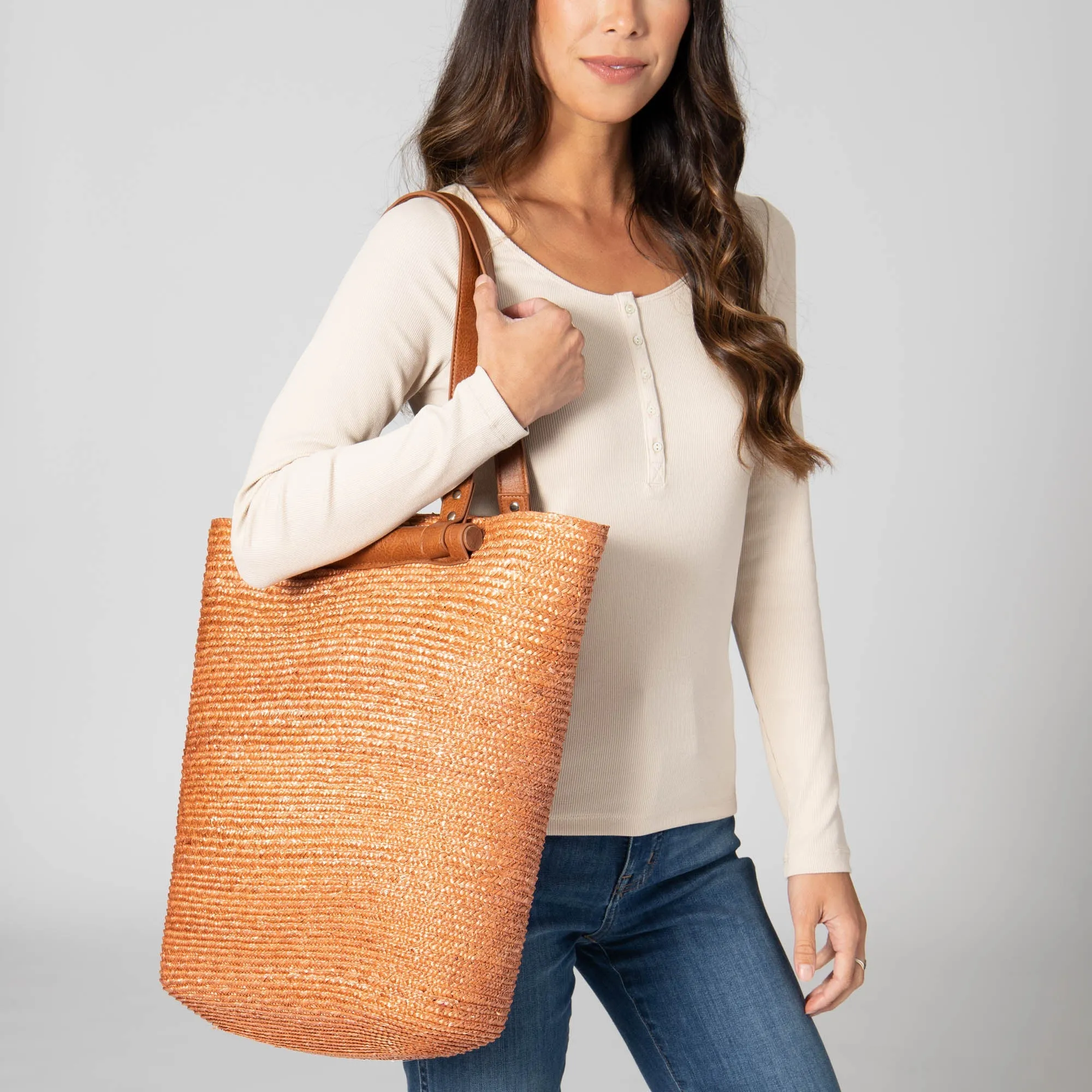 Daydreamer - Wheat Straw Tote with Leather Handles