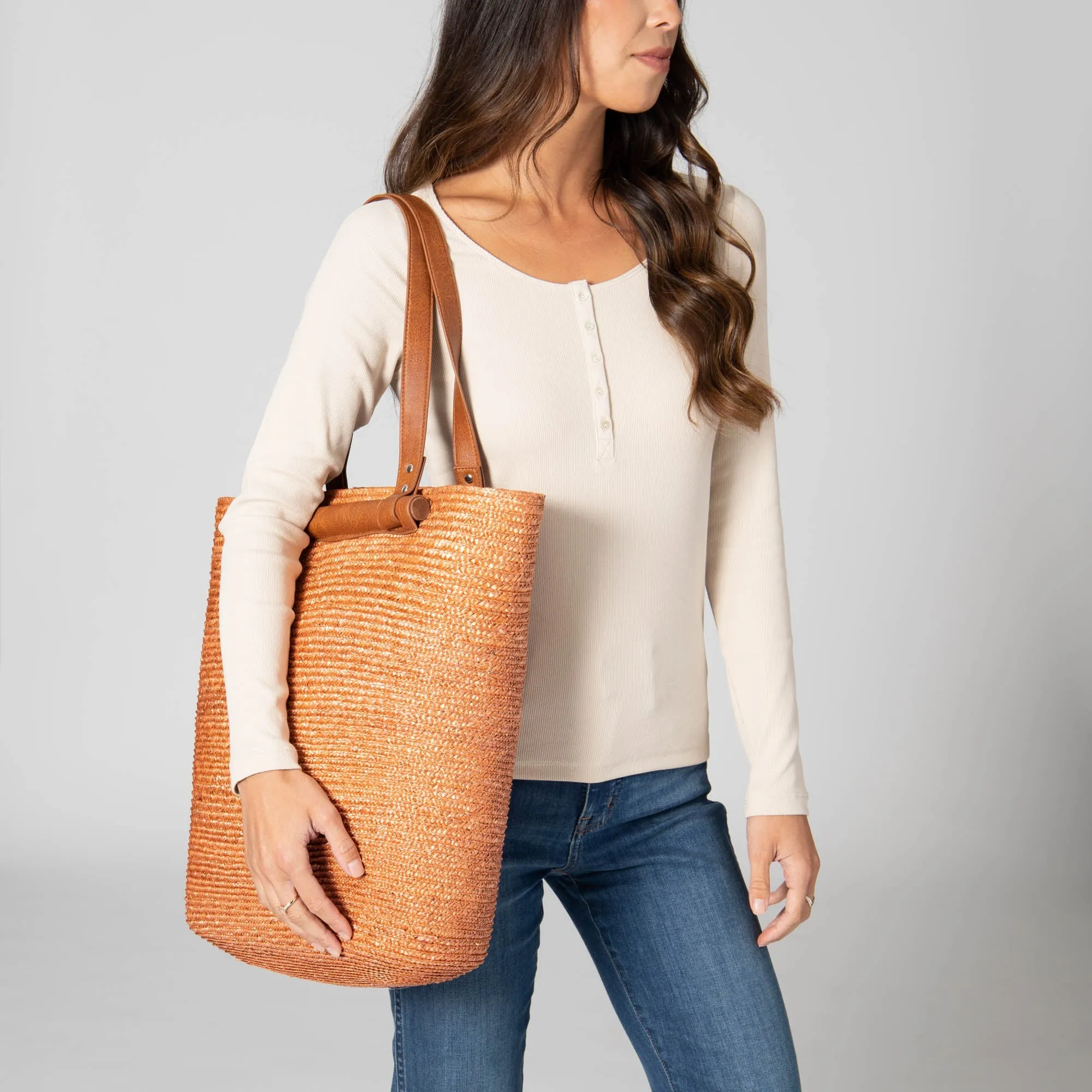 Daydreamer - Wheat Straw Tote with Leather Handles