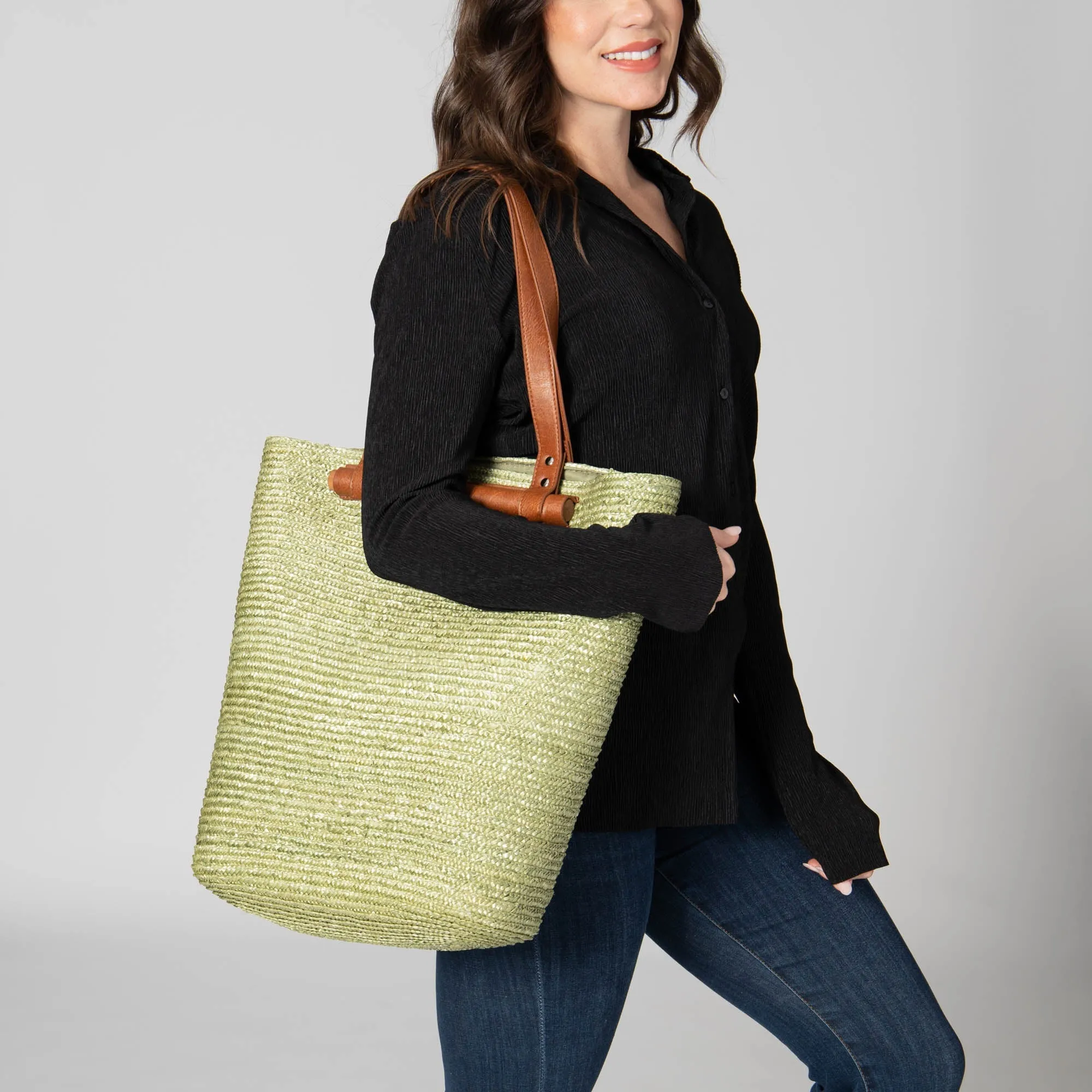 Daydreamer - Wheat Straw Tote with Leather Handles