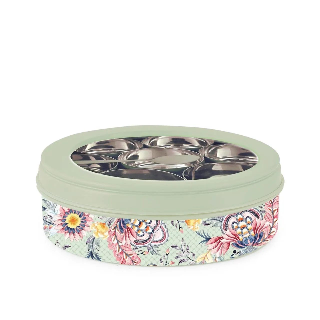 Elan Gingham & Blooms 7 Compartment Multipurpose Air-Tight Stainless Steel Round Colorful Spice Box with Spoon (Fern Green, 1500 ml)