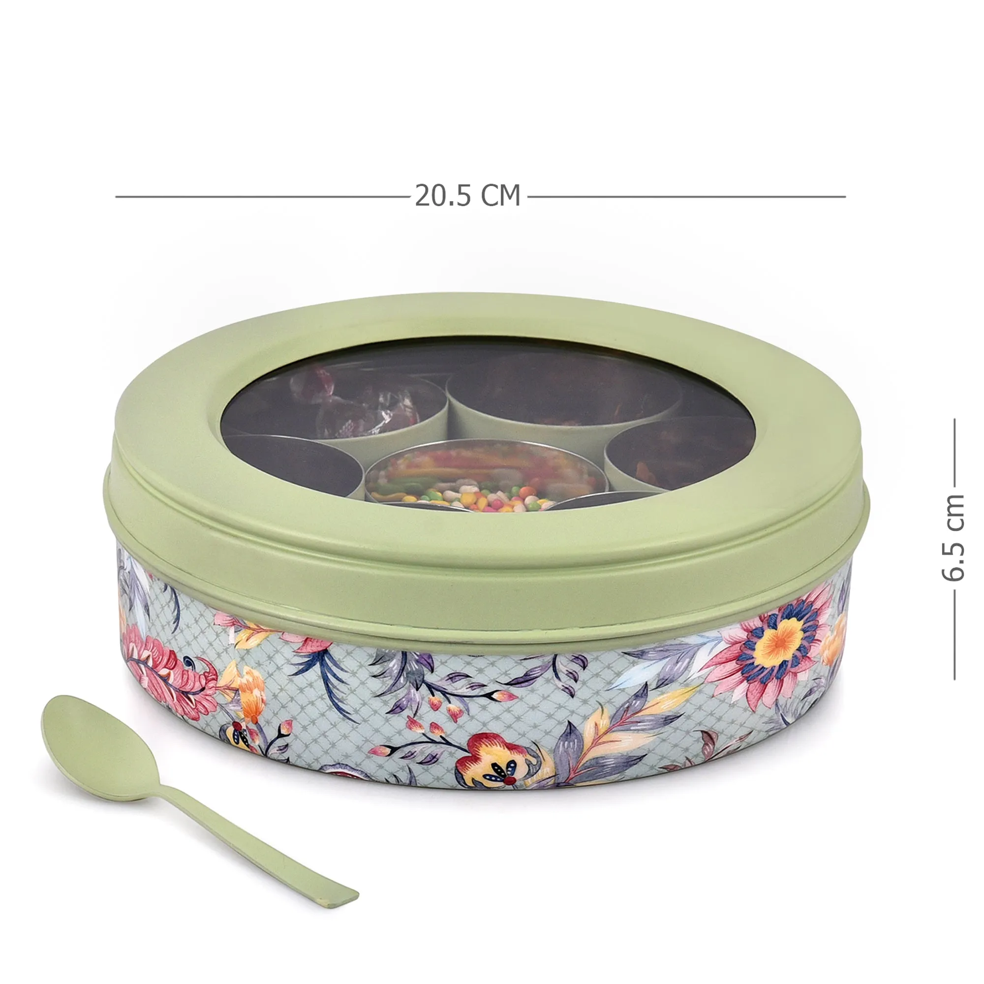 Elan Gingham & Blooms 7 Compartment Multipurpose Air-Tight Stainless Steel Round Colorful Spice Box with Spoon (Fern Green, 1500 ml)