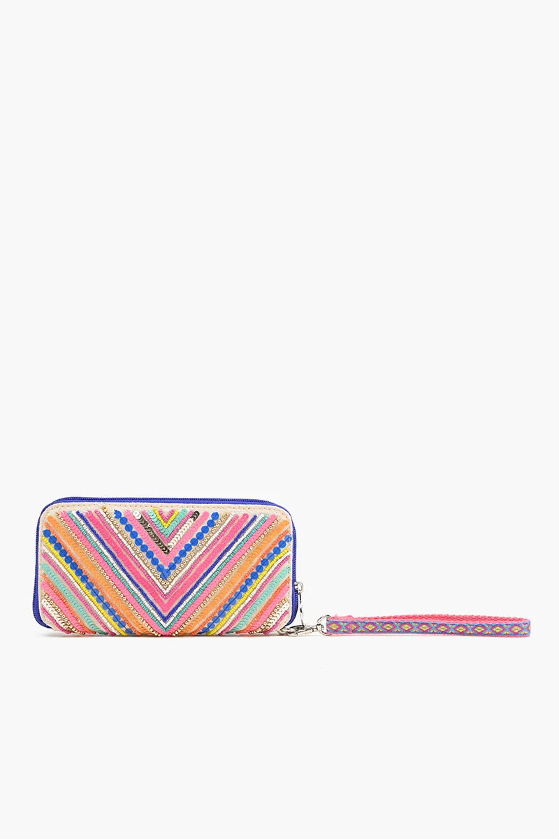 Embellished Wallet with wristlet-Multi Chevron