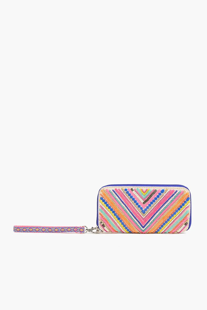 Embellished Wallet with wristlet-Multi Chevron