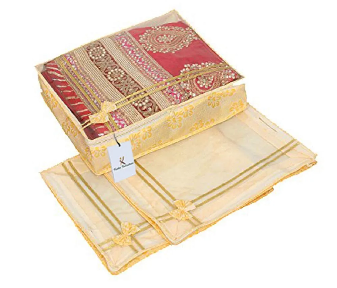 Kuber Industries 3 Pieces Non Woven Saree Cover Set (Gold)