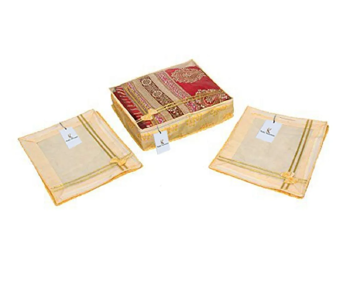 Kuber Industries 3 Pieces Non Woven Saree Cover Set (Gold)