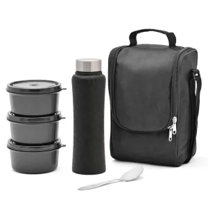 Kuber Industries Leakproof & BPA Free Compact Tiffin Bags with Bottle & 3 Spill-Proof Containers for Unisex | Stackable Steel Lunch Boxes for Office Men & Women | Black