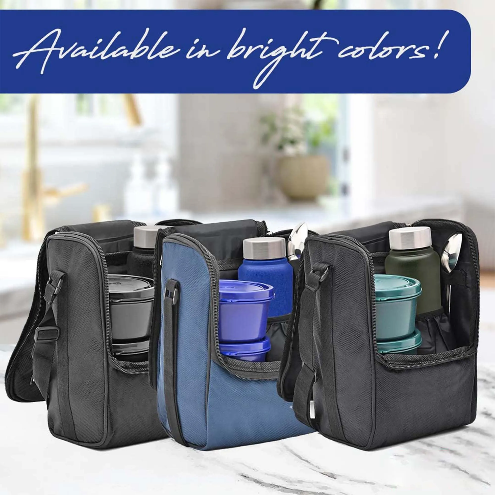 Kuber Industries Leakproof & BPA Free Compact Tiffin Bags with Bottle & 3 Spill-Proof Containers for Unisex | Stackable Steel Lunch Boxes for Office Men & Women | Blue