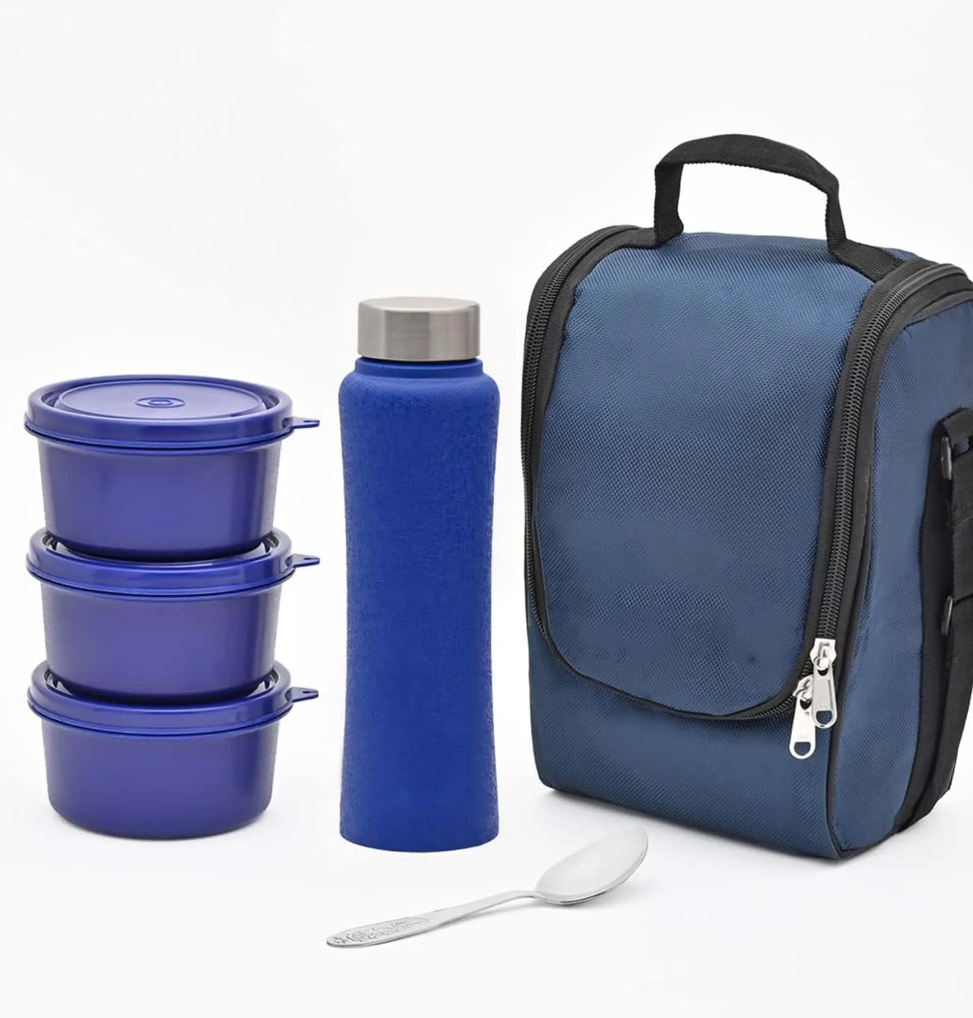 Kuber Industries Leakproof & BPA Free Compact Tiffin Bags with Bottle & 3 Spill-Proof Containers for Unisex | Stackable Steel Lunch Boxes for Office Men & Women | Blue