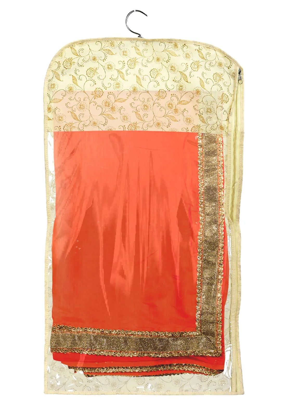 Kuber Industries Metalic Print Non-woven Hanging Saree Cover/Wardrobe Organiser With Hanger-Pack of 6 (Gold)