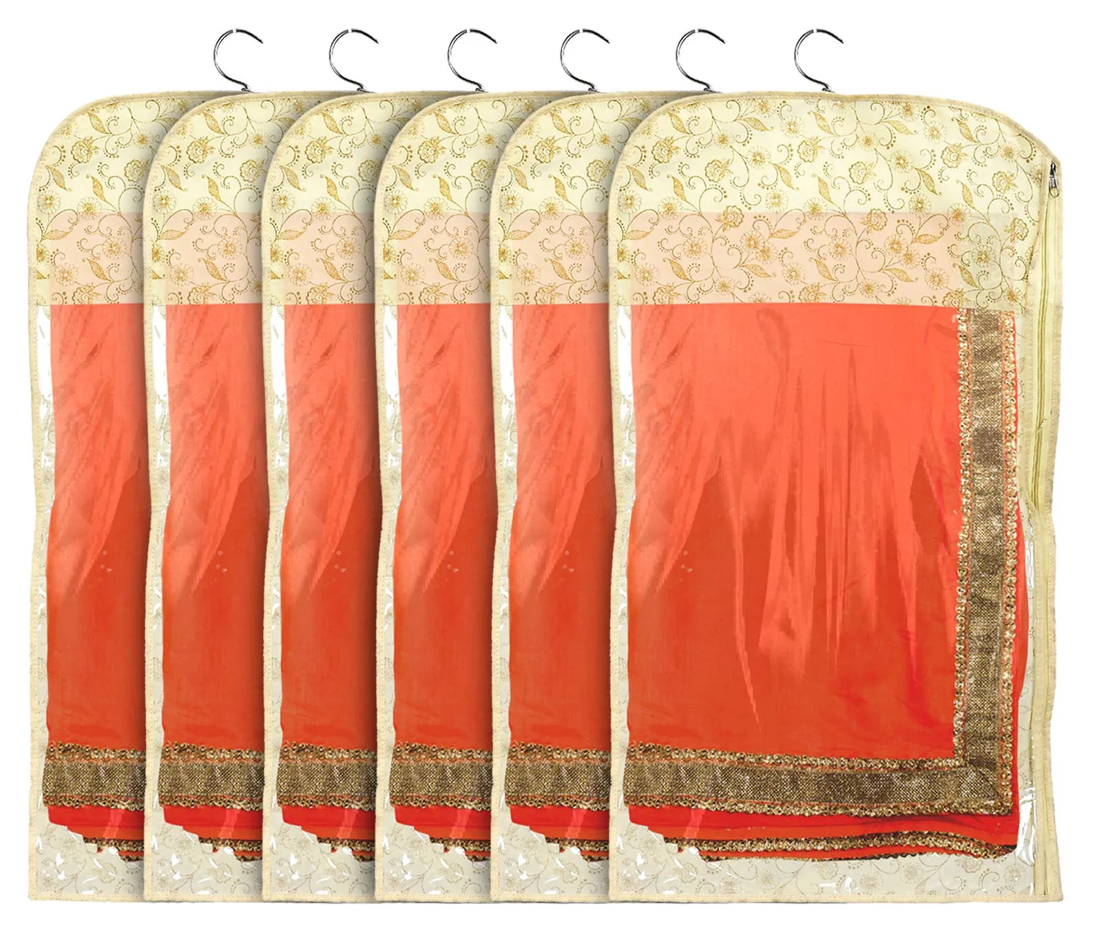 Kuber Industries Metalic Print Non-woven Hanging Saree Cover/Wardrobe Organiser With Hanger-Pack of 6 (Gold)