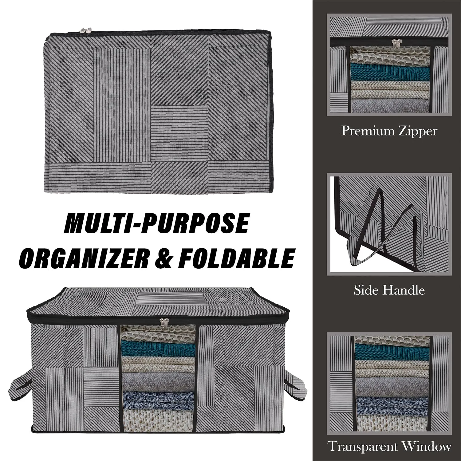 Kuber Industries Saree Cover & Underbed Stoarge Bag Set | 2 Pieces Saree & 2 Pieces Underbed Storage Bag Combo Set | Zipper Closure & Handle | Lining-Design | Set of 4 | Gray