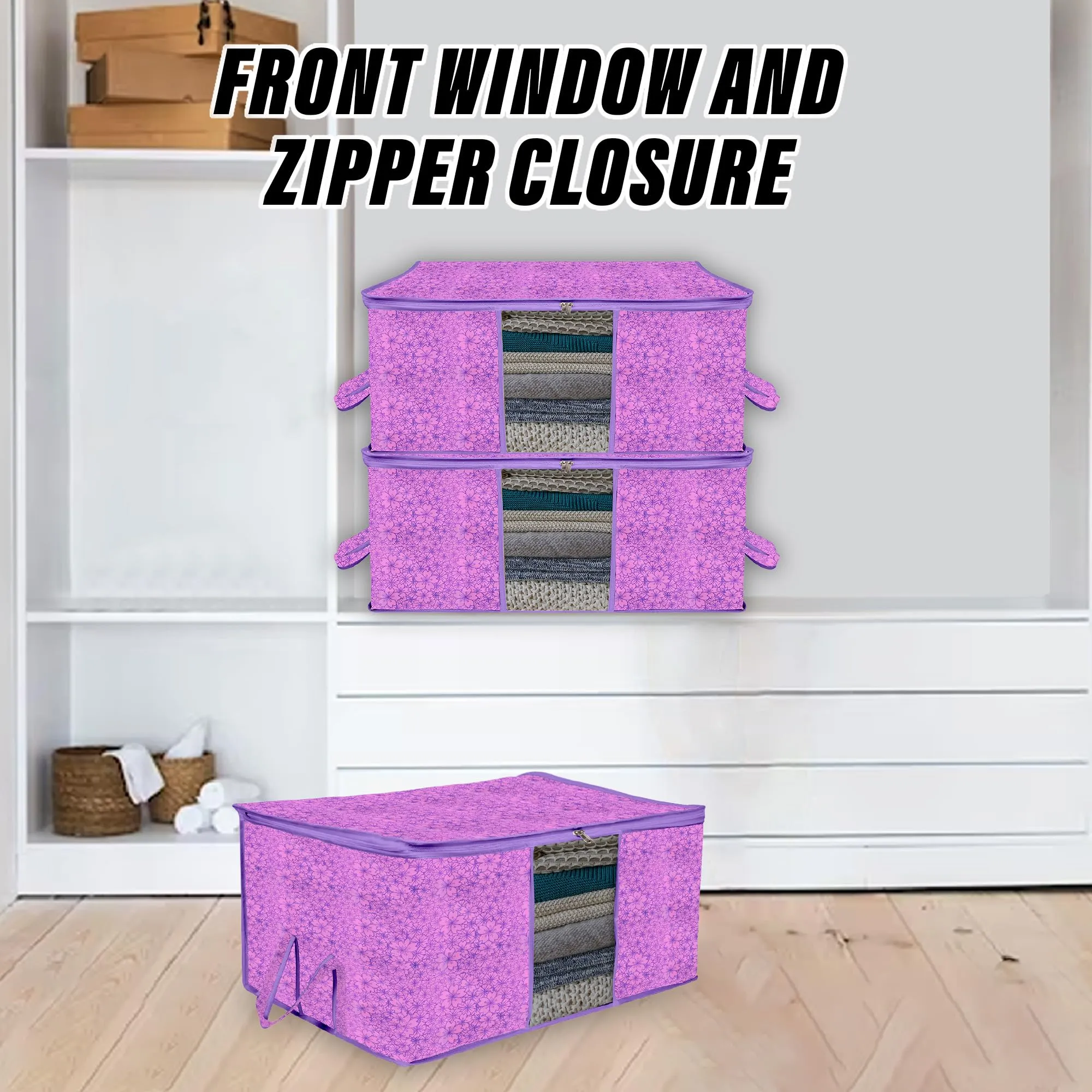 Kuber Industries Underbed Storage Bag | Clothes Storage Organizer | Blanket Cover with Clear Window | Zipper Closure & Handle Cloth Organizer | Flower-Design | Large | Pack of 3 | Purple