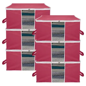 Kuber Industries Underbed Storage Bag | Clothes Storage Organizer | Blanket Cover with Clear Window | Zipper Closure & Handle Cloth Organizer | Plain White Border | Large | Pack of 6 | Maroon