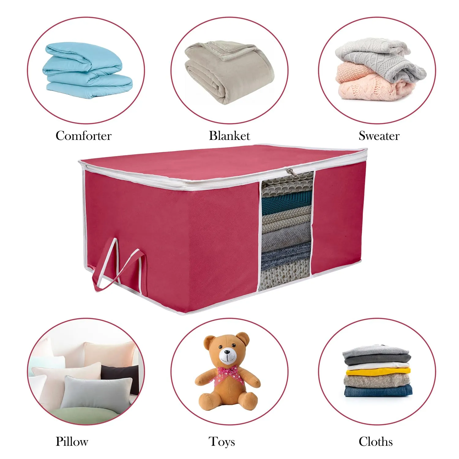 Kuber Industries Underbed Storage Bag | Clothes Storage Organizer | Blanket Cover with Clear Window | Zipper Closure & Handle Cloth Organizer | Plain White Border | Large | Pack of 6 | Maroon