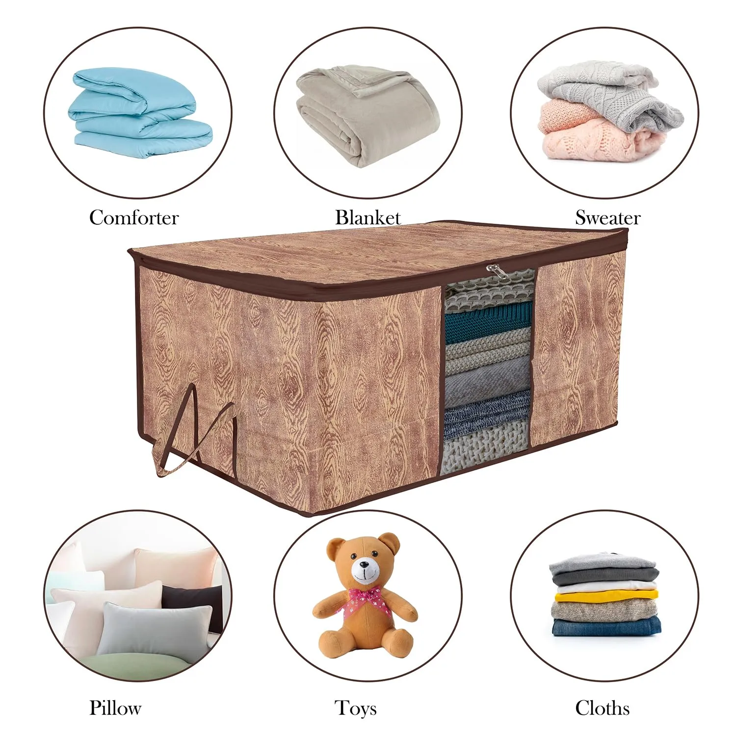 Kuber Industries Underbed Storage Bag | Clothes Storage Organizer | Blanket Cover with Clear Window | Zipper Closure & Handle Cloth Organizer | Wooden Texture-Design | Large | Pack of 4 | Brown