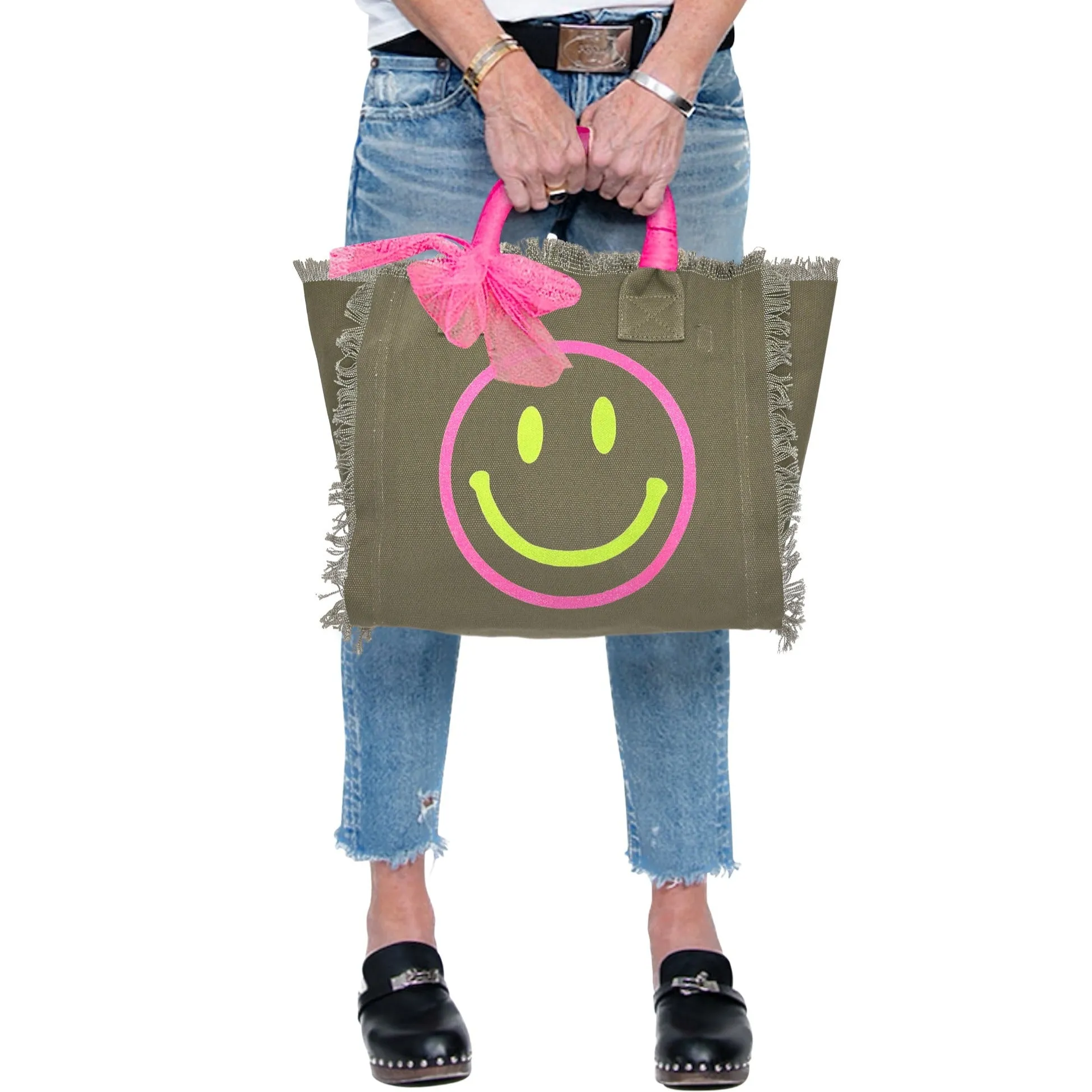 Smile Pink Yellow OG Fringe Canvas Bag