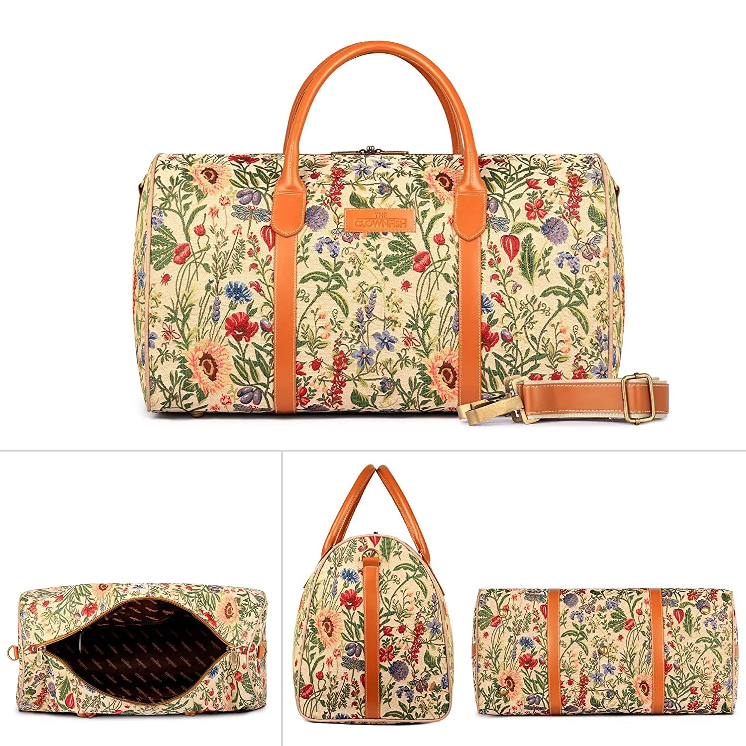 The Clownfish Fabric Blomster Tapestry 44 litres Duffle Bags (Beige, Flax)