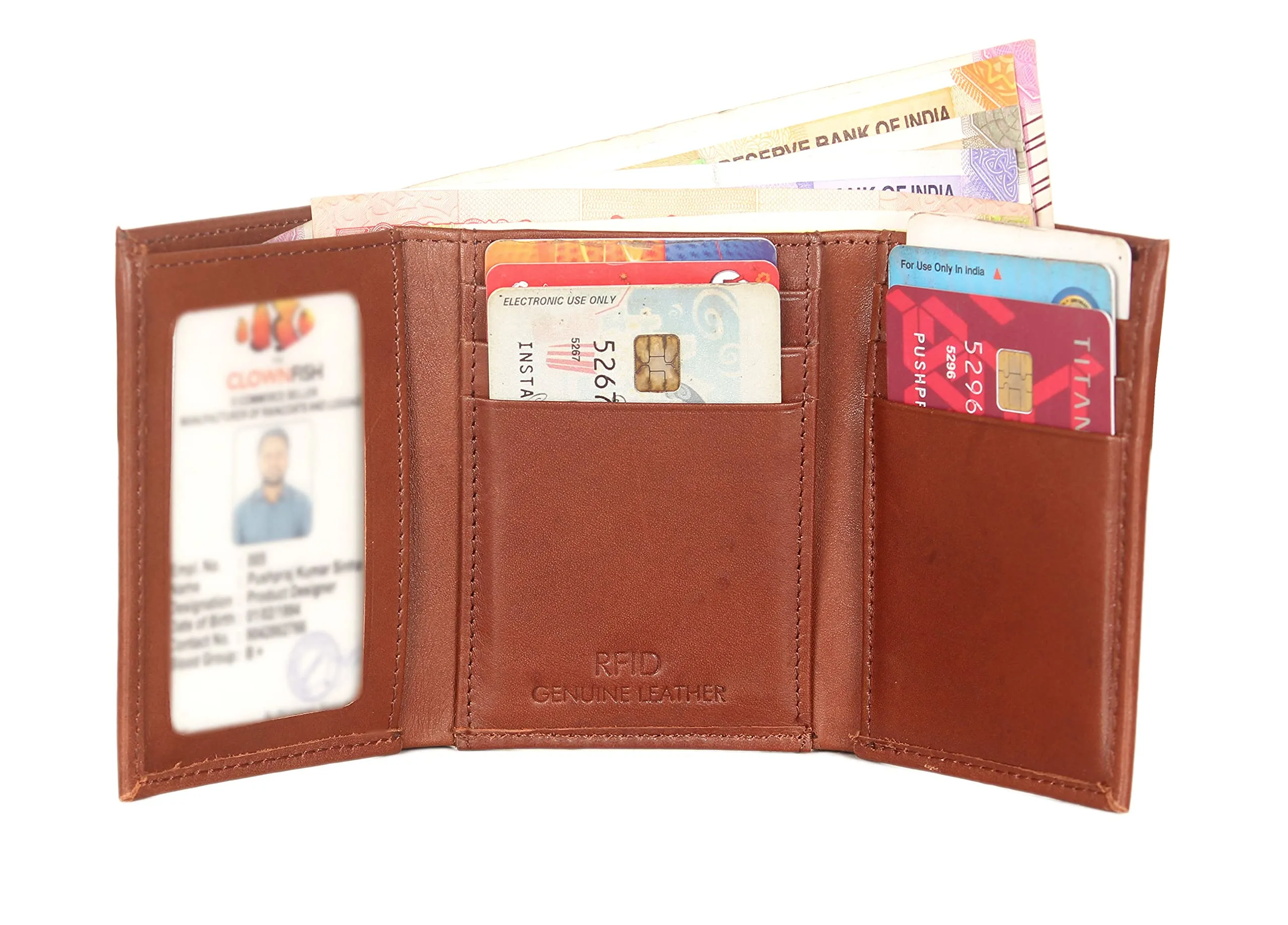 THE CLOWNFISH RFID Protected Genuine Leather Tri-Fold Wallet for Men with Multiple Card Slots & ID Window (Ginger Brown)