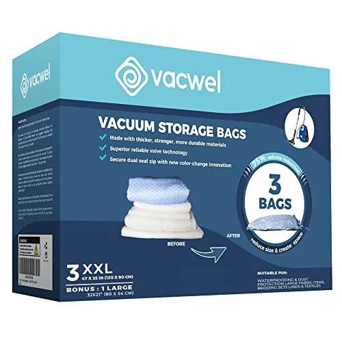 Vacwel 3 Pack Xxl Vacuum Storage Bags 47x35 Inch Plus 1 Large Bag 32x21 Inch